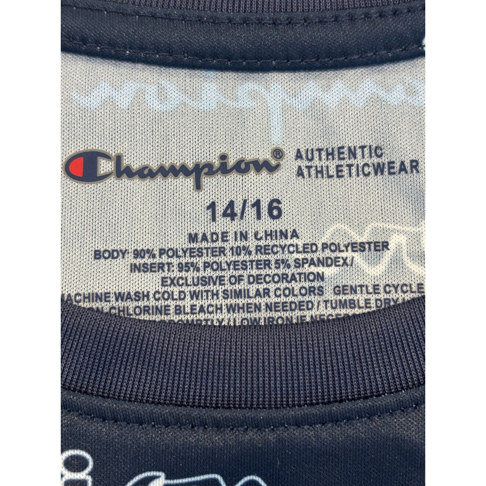 Champion Boys Navy Blue All Over Logo Print Performance T-Shirt Size 14/16 L - Picture 3 of 4